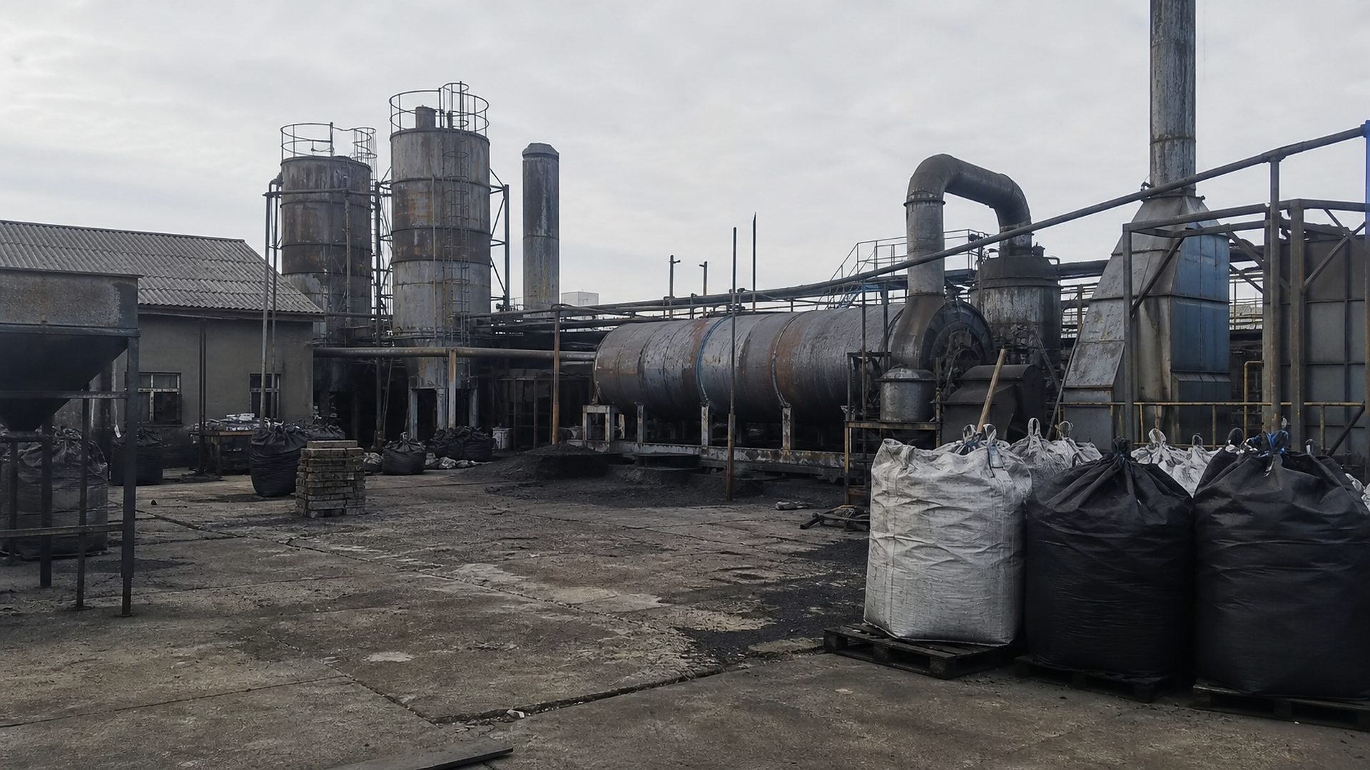 Activated carbon factory yard atmosphere with activation equipment and storage area