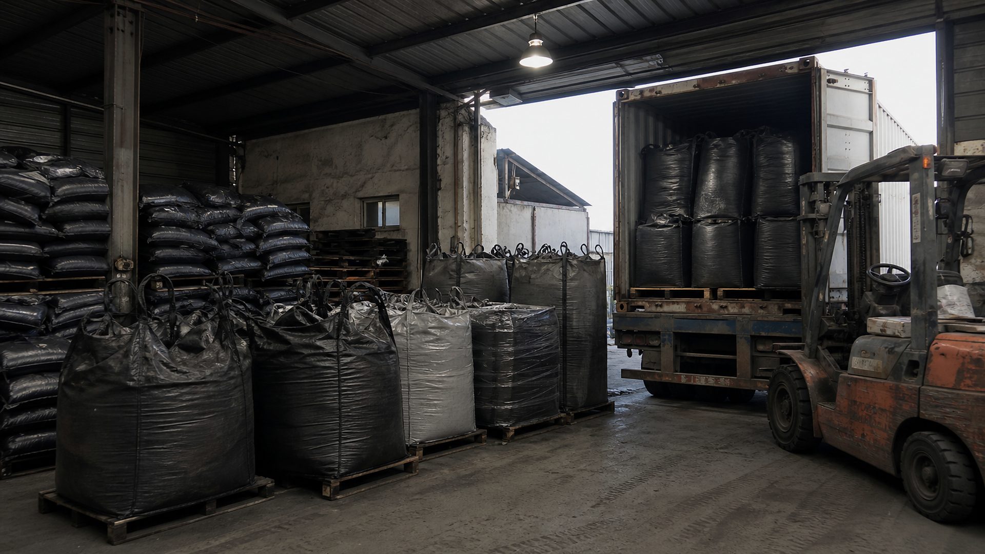 Activated carbon export packing atmosphere with bags, pallets and loading area