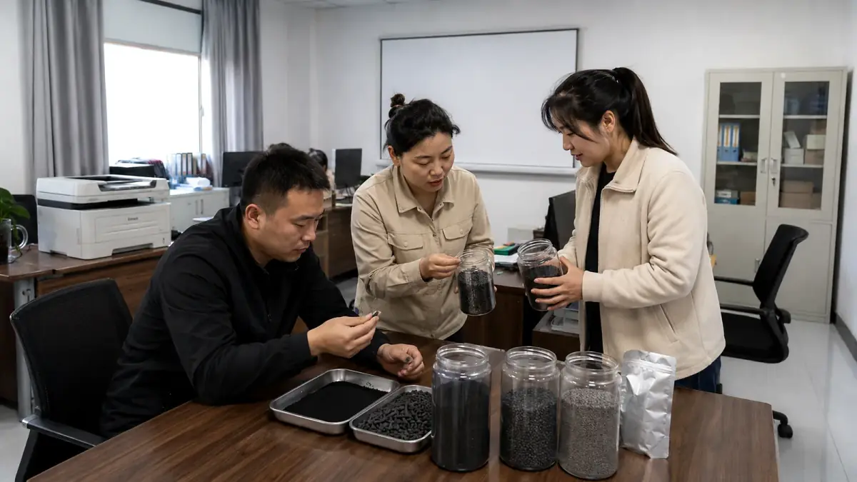 Quality engineers inspecting retained activated carbon batch samples